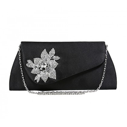 Evening Bag - 12 PCS - Satin w/ Rhinestone Flower Charm  Accent - Black - BG-100155B